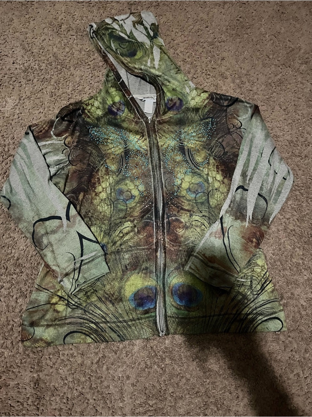 CJ Banks Vintage Green Peacock-Print Zip Hoodie Jacket